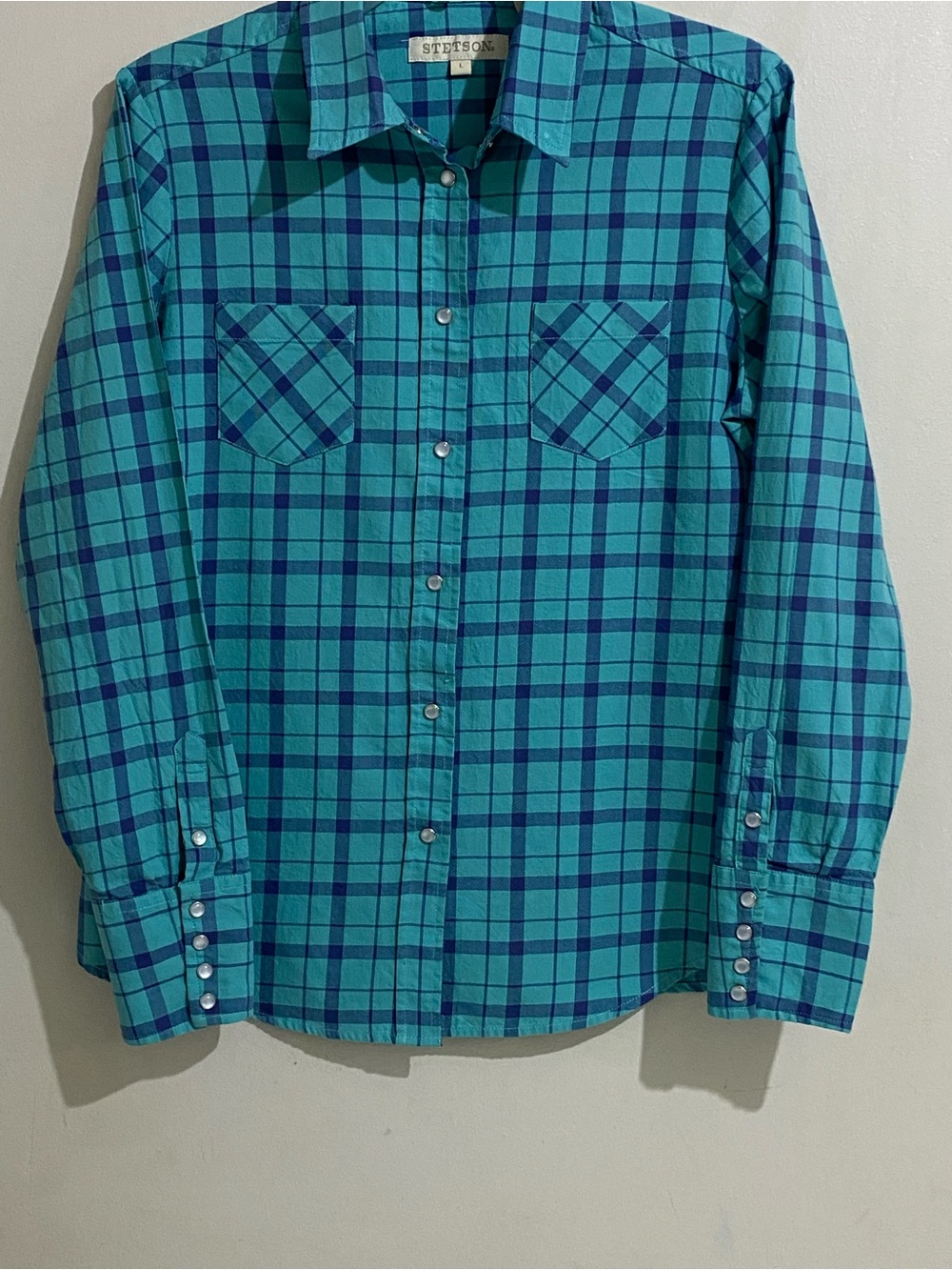 Stetson Teal and Navy Plaid Cowgirl Pockets Long-Sleeve Snap Down Shirt Women’s